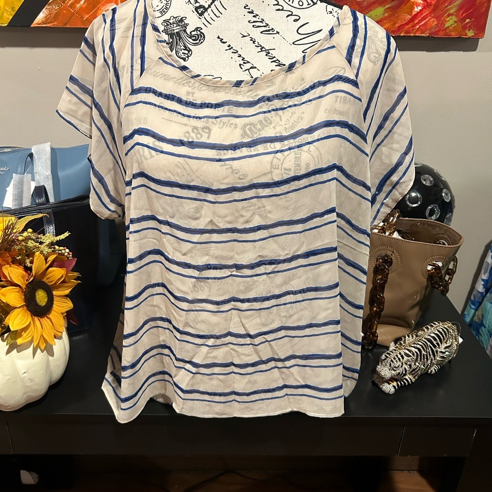 Mai Tai Striped Blue and White sheer Women's blouse size large